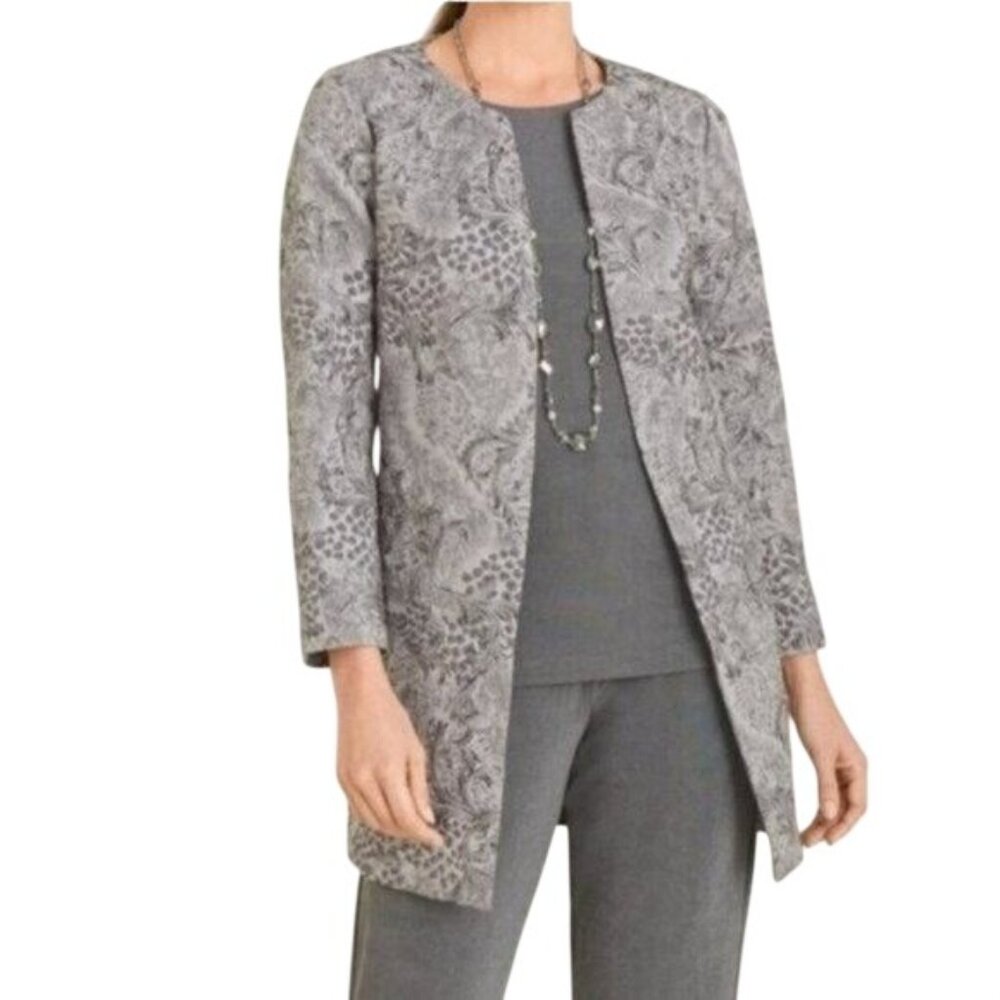 Chicos Travelers Jacket Size 4/6 Printed Open Front 3/4 Sleeve Business Casual